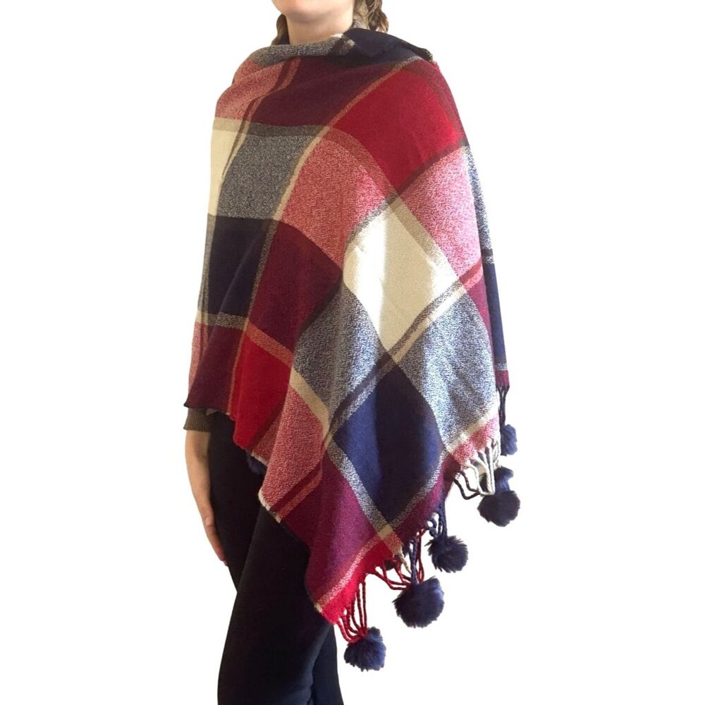 Oversized Plaid Pom Pom Shawl Wrap Check Open Soft Academia Preppy Twee Autumn